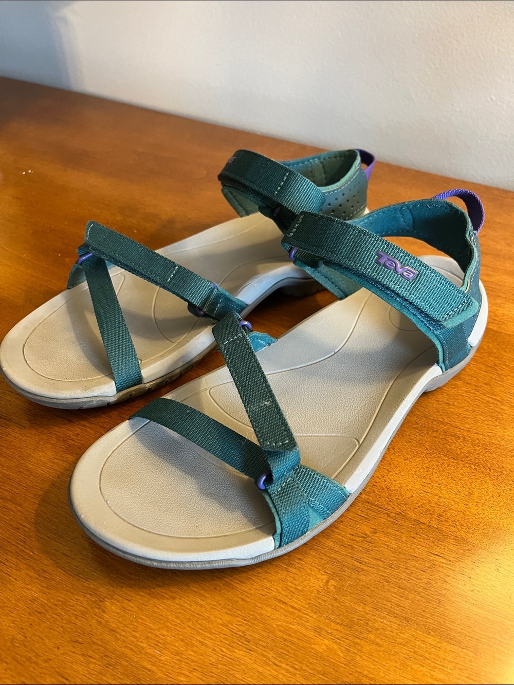 Teva Teal Open-Toe Sport Sandals with Purple Pull Tab and adjustable straps